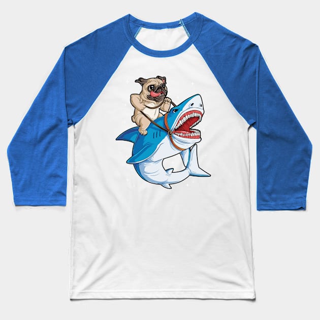baby pug riding shark Baseball T-Shirt by tinhyeubeshop